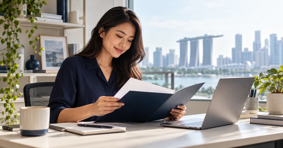 A young adult graduate reviews an unlabelled offer folder at a bright desk.
