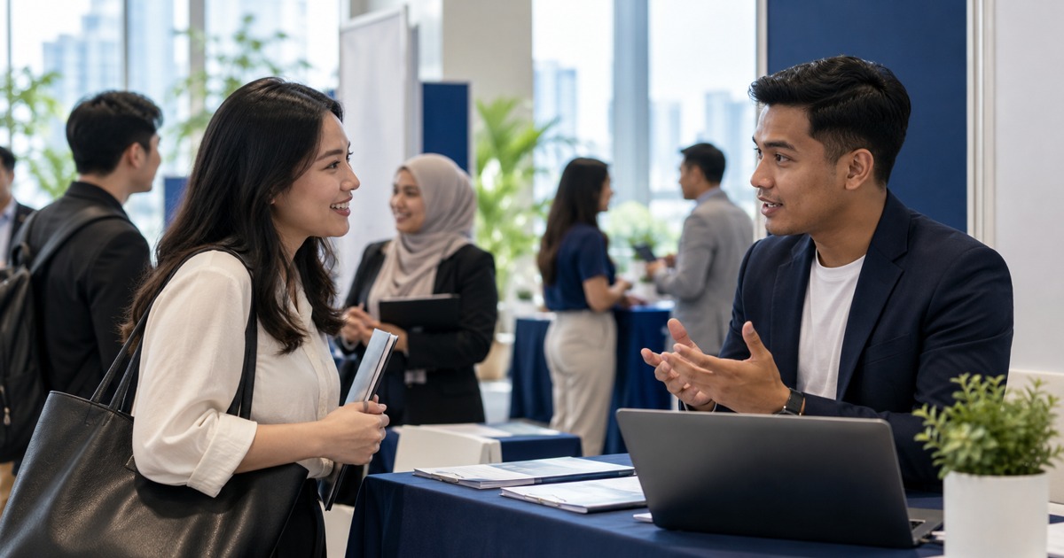 A jobseeker speaks to a recruiter at a neutral unbranded career fair booth.