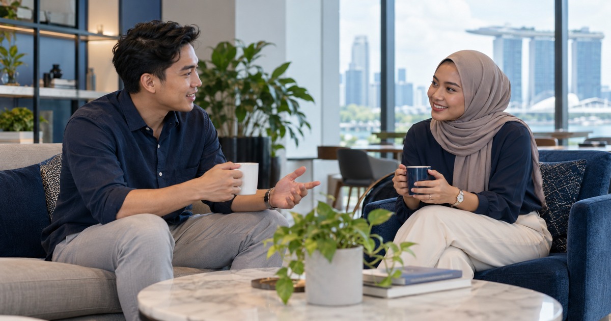 Two adults discuss career experience over coffee in a quiet office lounge.