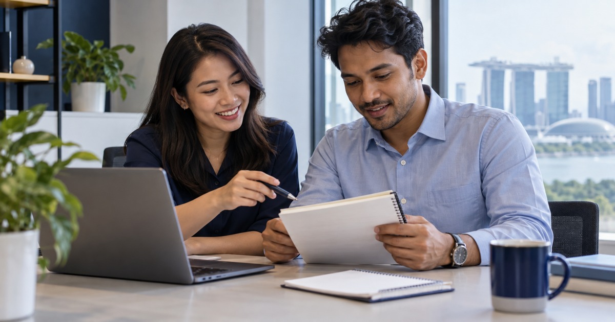 Two colleagues review blank handover notes beside a shared laptop.