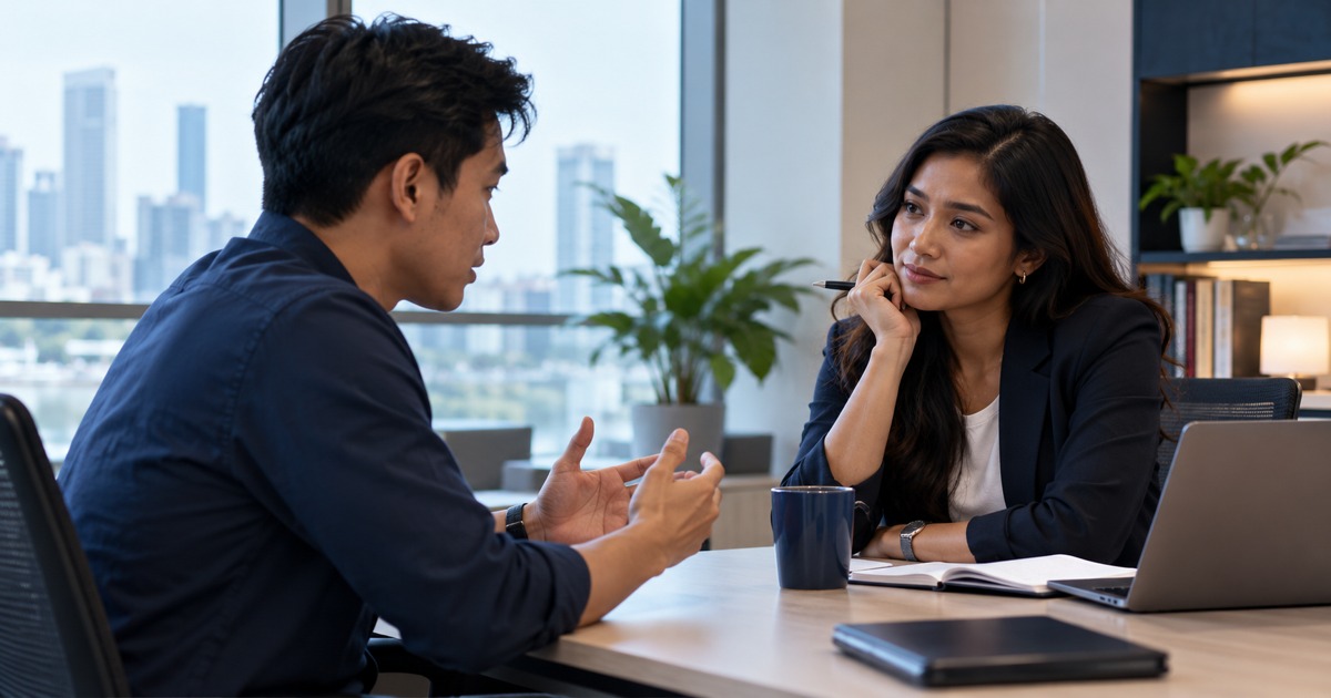 An HR colleague listens respectfully to a departing employee in a private meeting.