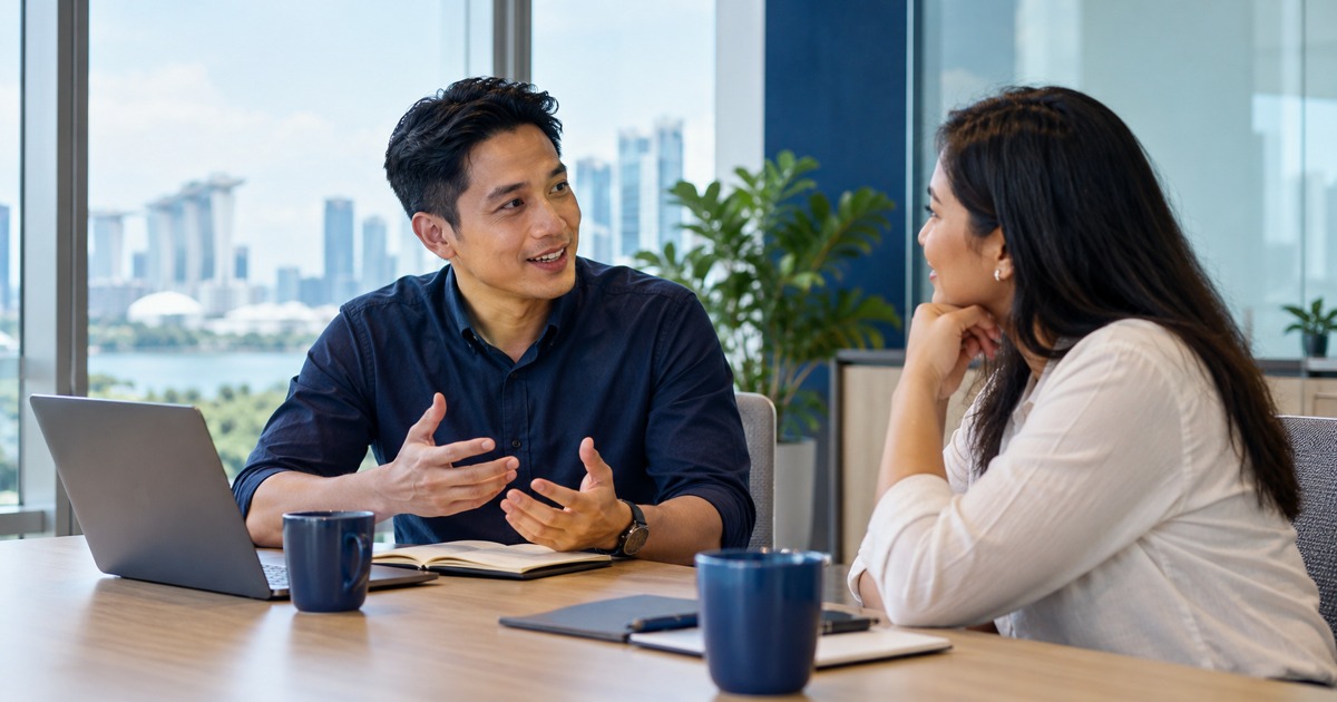 A manager and employee hold a relaxed one-to-one conversation in a bright meeting room.