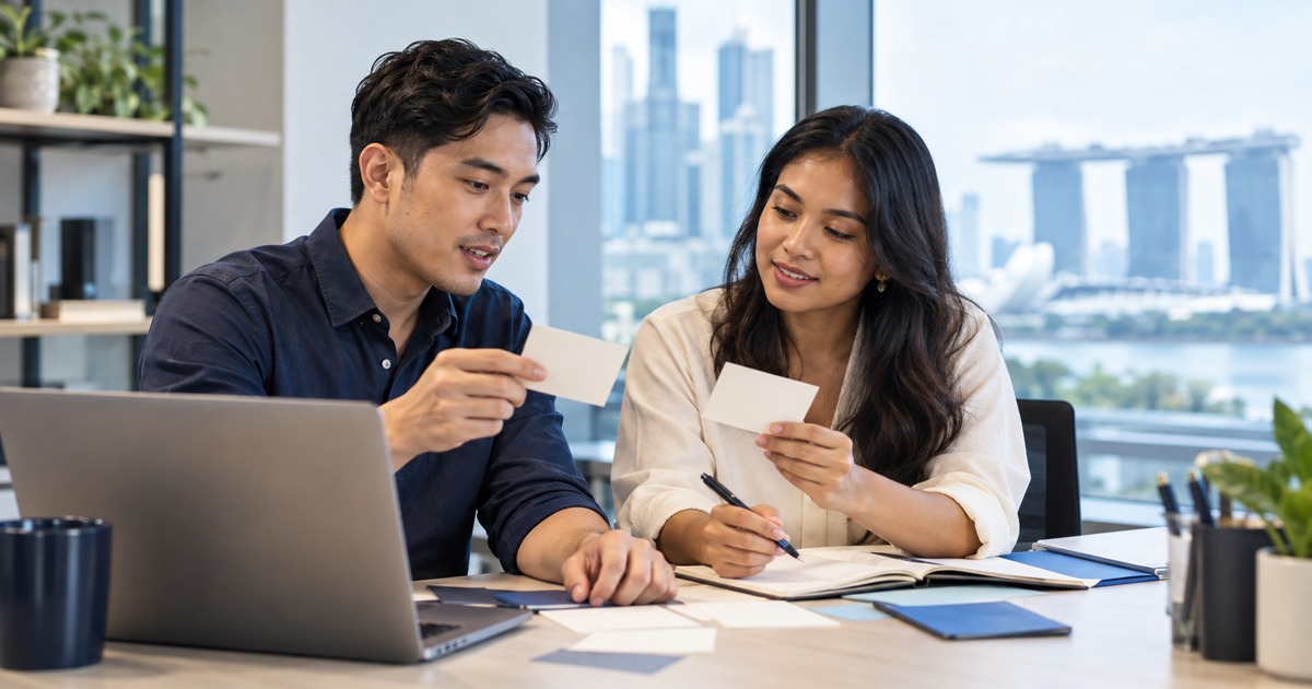 A manager and colleague compare blank task cards and learning notes.