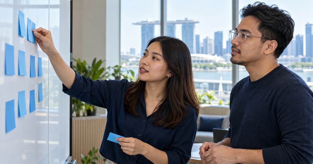 A team lead arranges plain blue skills cards on a board with a colleague.