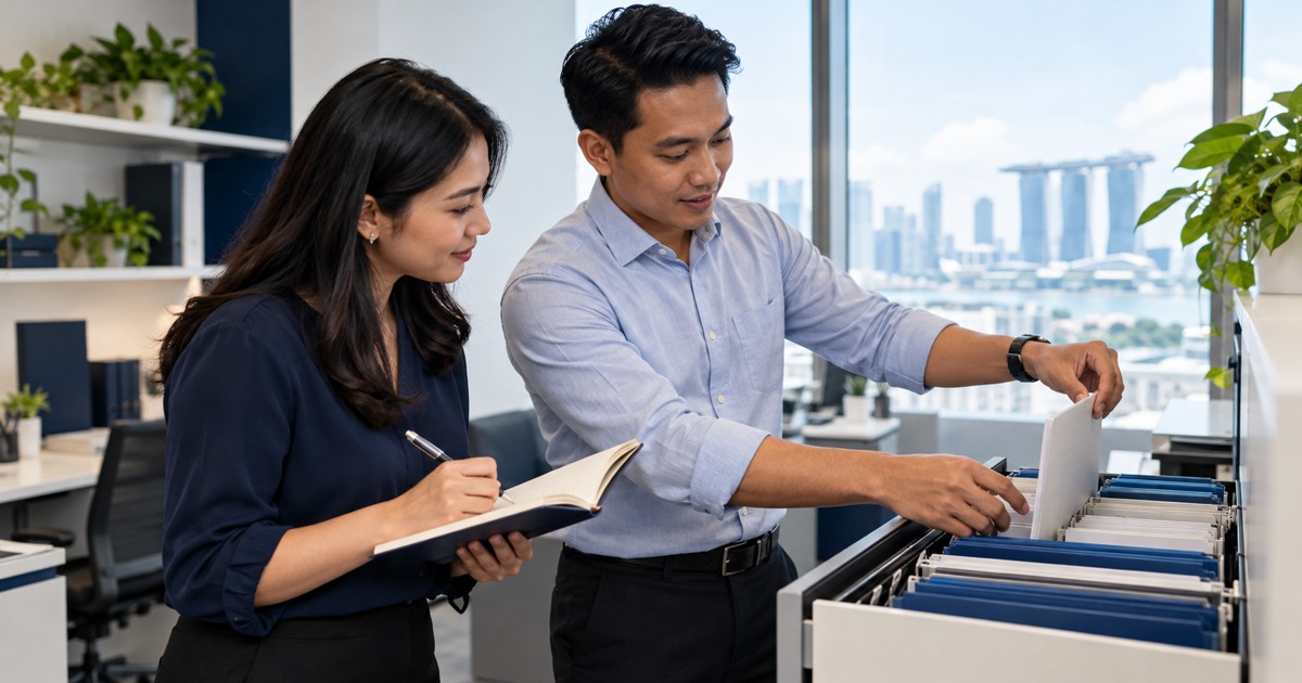 A colleague demonstrates a simple office filing process while another takes notes.