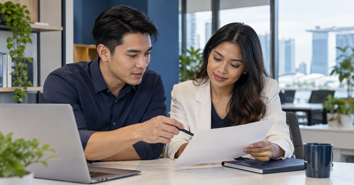 A manager and employee review an unlabelled goals sheet together.