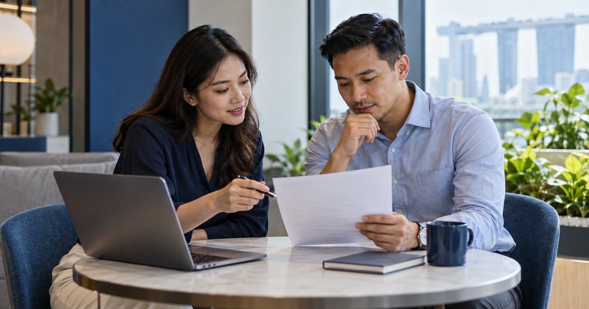 Two colleagues discuss a document calmly at a small private table.