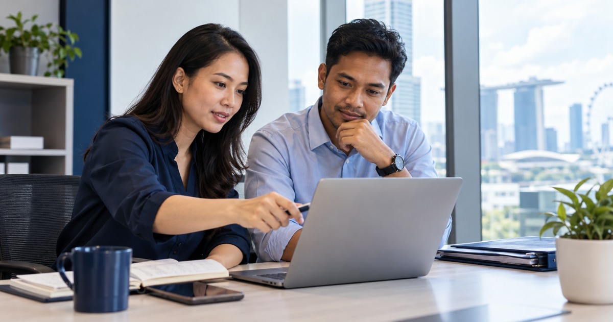 An administrator checks fictional time records with a supervisor, no readable data.