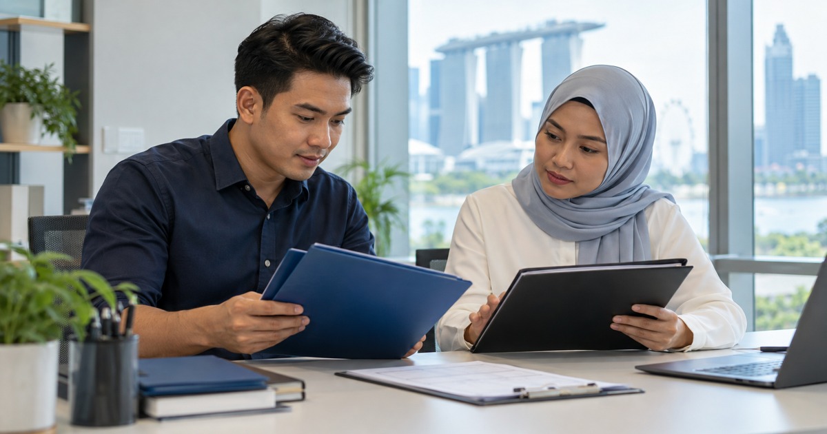 Two payroll colleagues compare closed folders and an unreadable checklist at a desk.