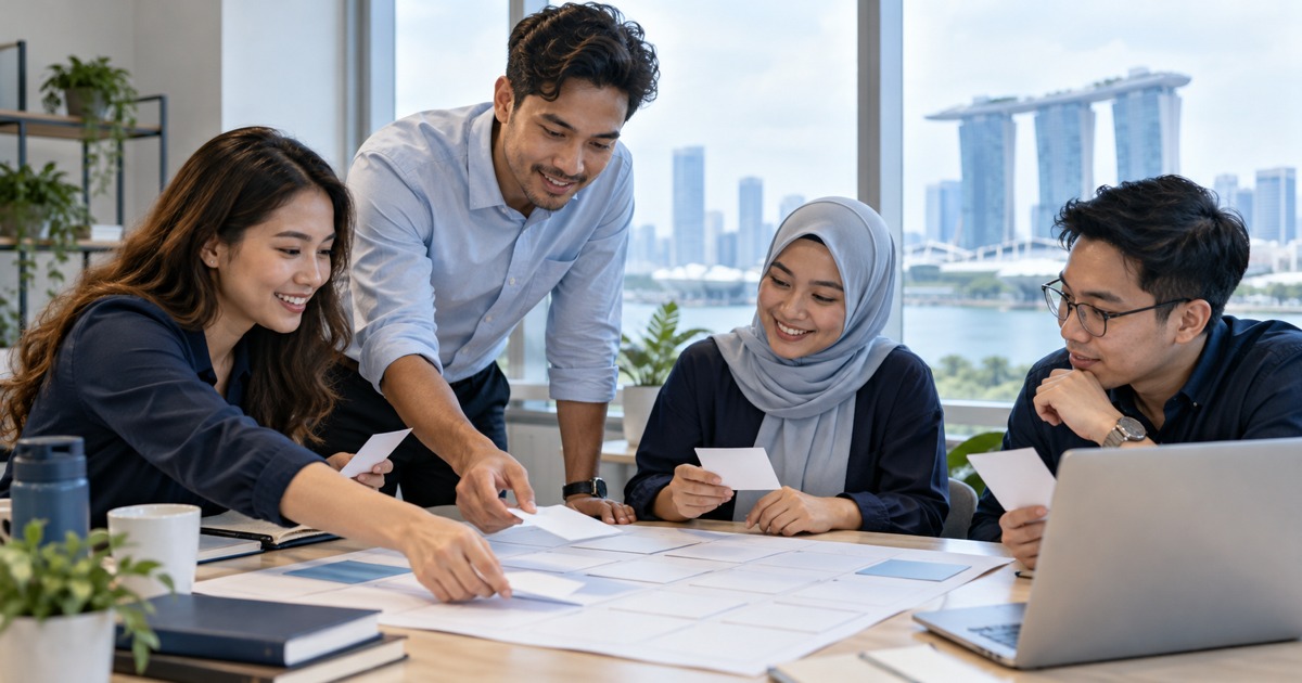 Colleagues plan coverage with blank calendar cards in a bright office.