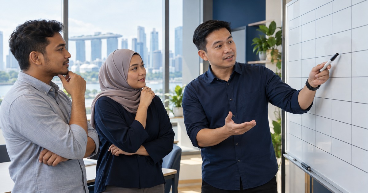 A supervisor discusses a blank shift board with two adult team members.