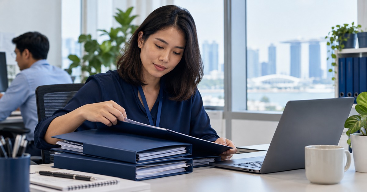 An HR administrator organises navy folders beside a laptop with unreadable screen.