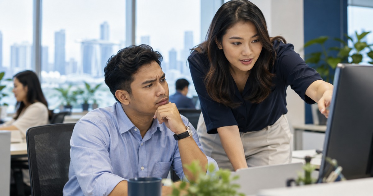 An HR colleague shows an adult employee an unreadable self-service screen in an office.