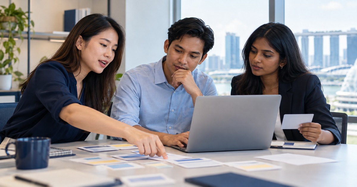 Three HR colleagues review fictional workflow cards beside an unreadable laptop during a pilot meeting.