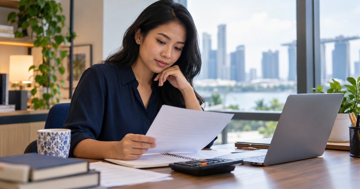A professional reviewing salary information with a calculator and laptop.