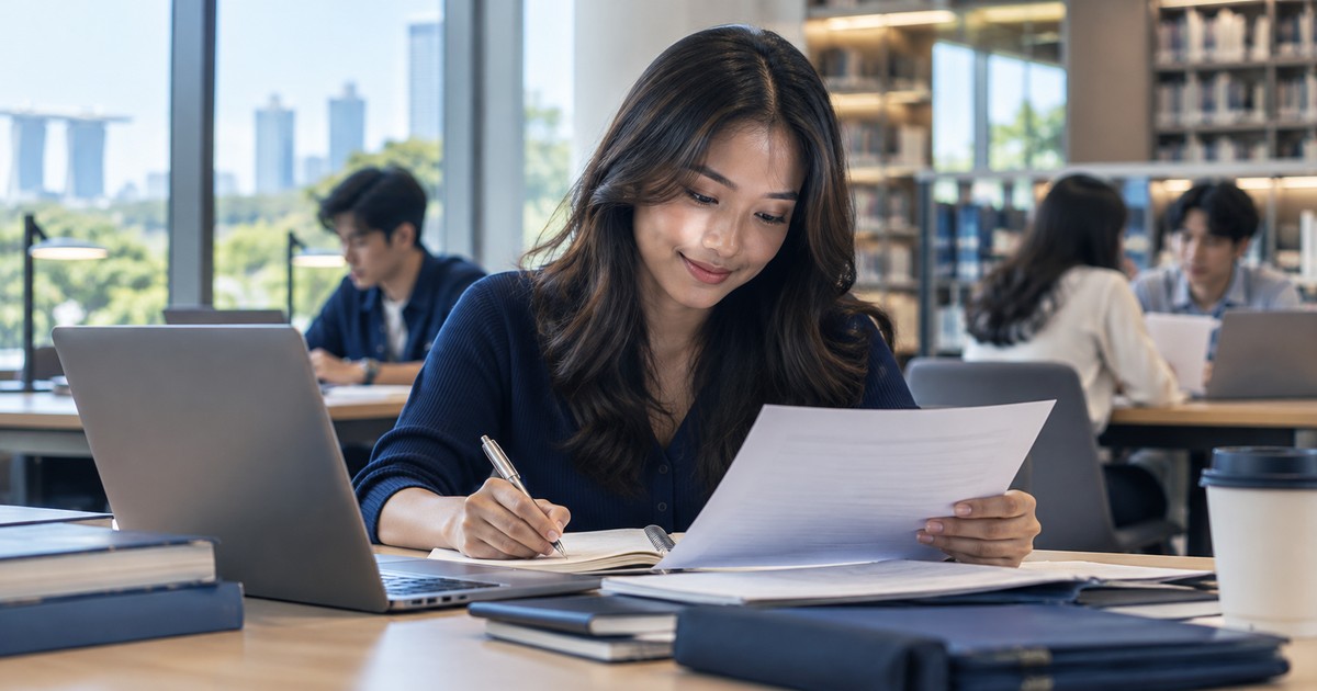 A graduate reviewing project notes and a first resume in a library.