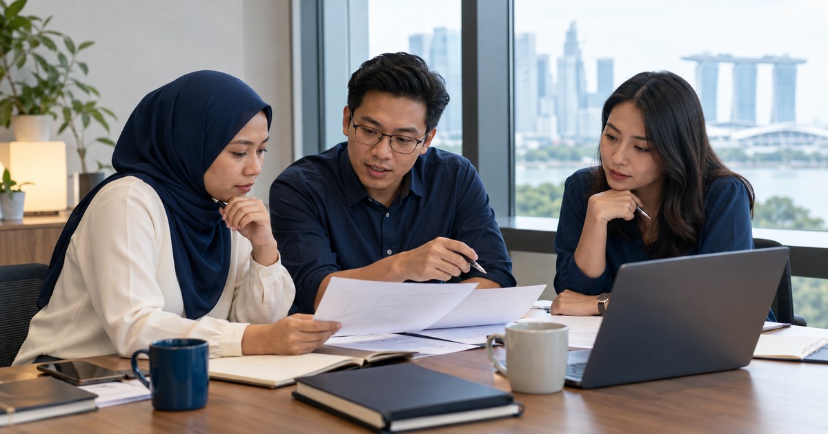Three interviewers discussing evidence and interview notes.