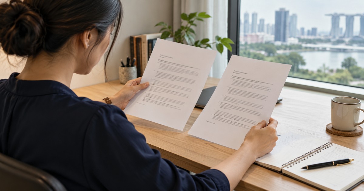 A professional comparing two offer documents beside a laptop.