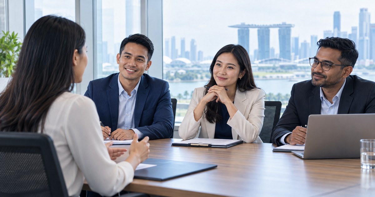 A candidate speaking with a panel of three interviewers.
