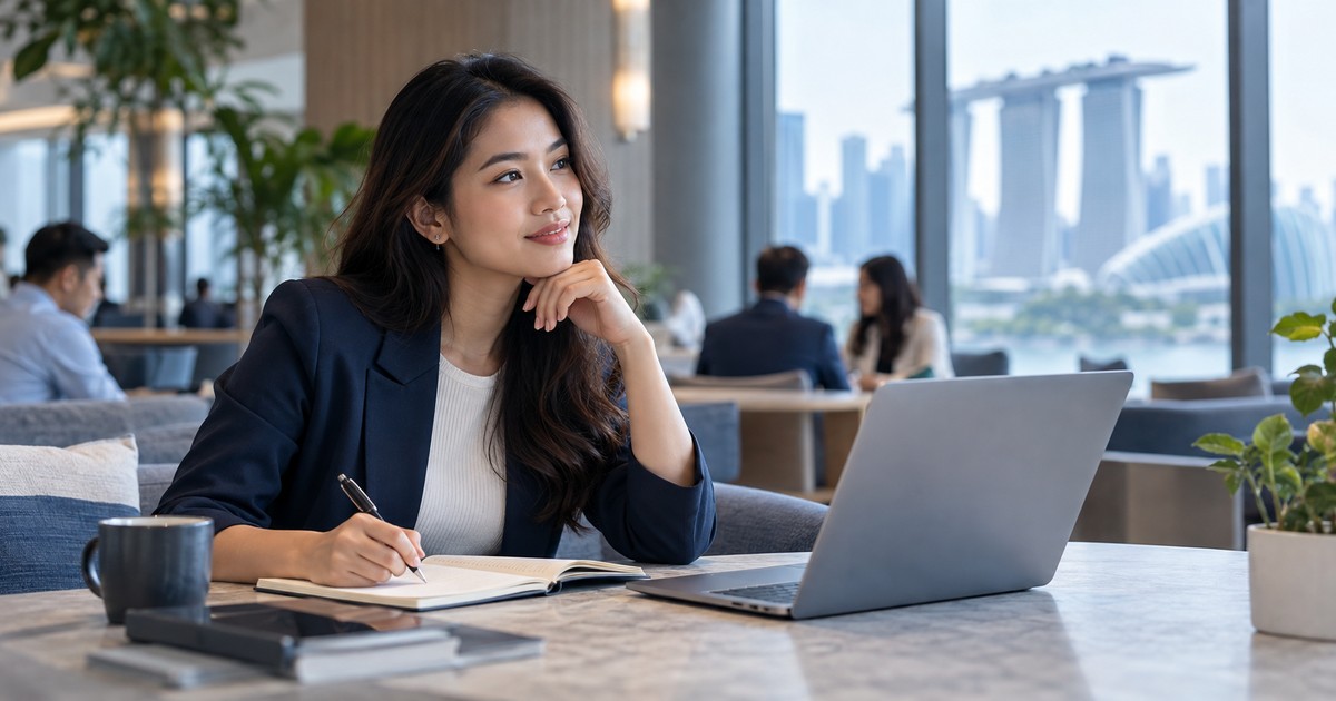 A professional writing a clear career profile headline beside her laptop.