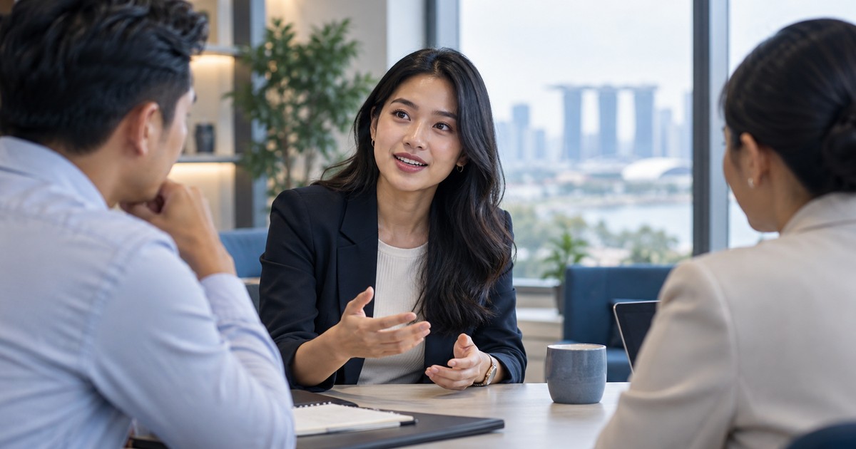 A job candidate asking a thoughtful question during an interview.