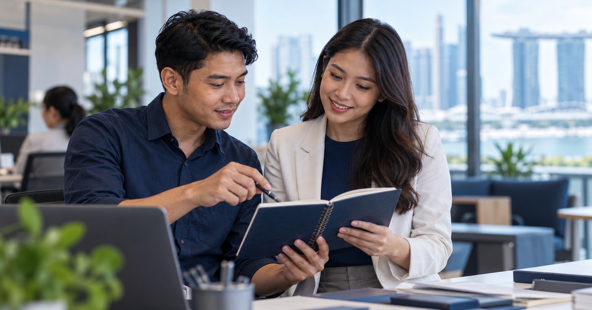 Two recruiters reviewing a clear handover notebook together.