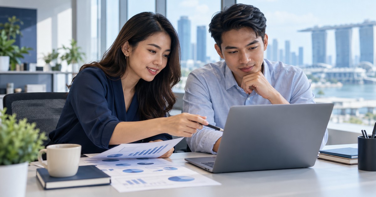 Two HR colleagues reviewing anonymous hiring-process charts.