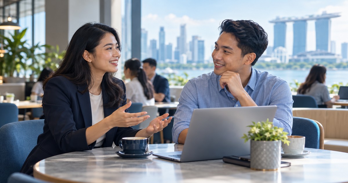 Referral request message — illustrative workplace photograph