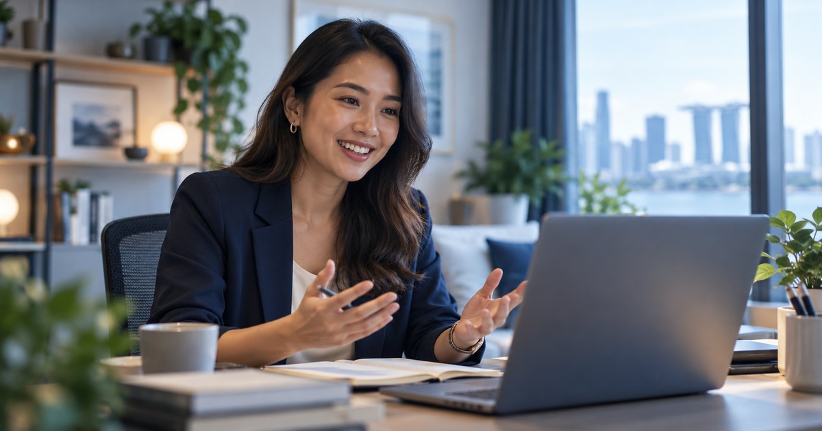 A recruiter conducting a remote interview from a professional home office.