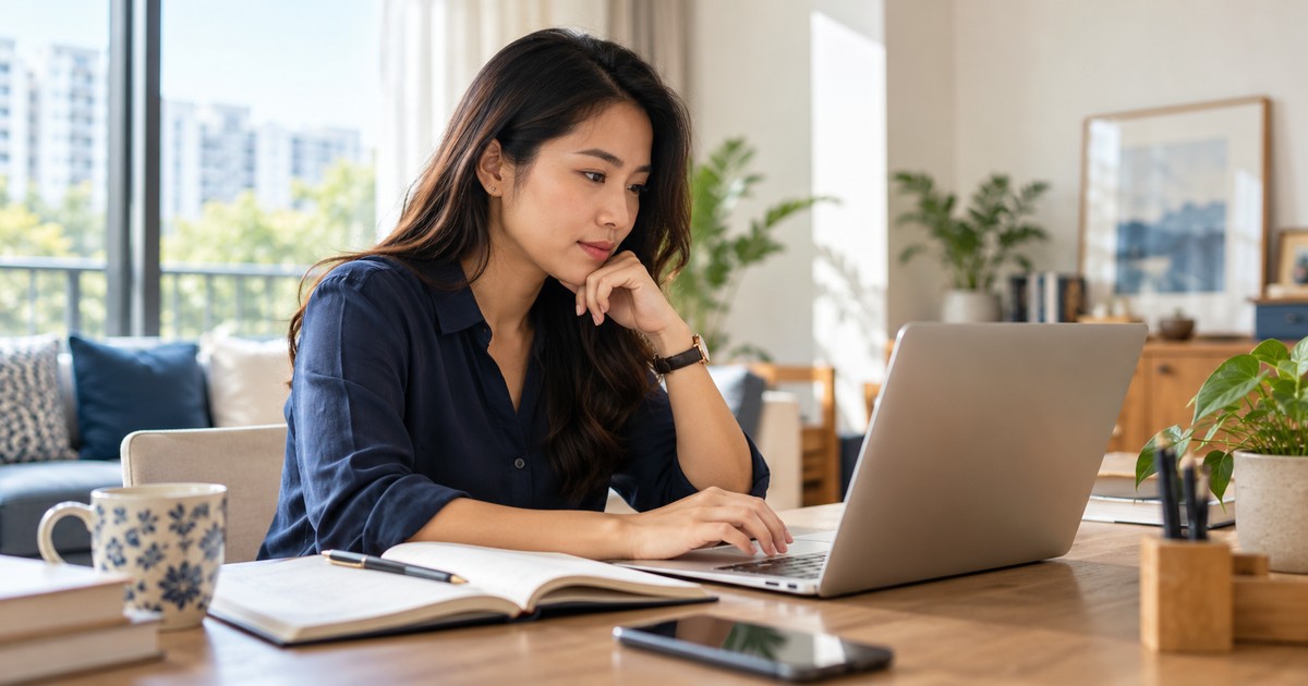 A professional revising her resume at a laptop in a bright workspace.