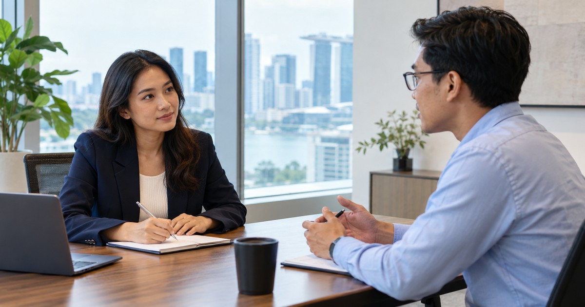Two professionals discussing experience during an office interview.