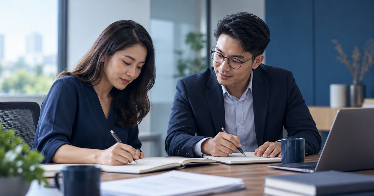 Two HR professionals preparing structured interview questions.