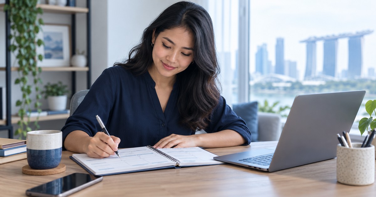 A professional planning applications in a paper planner beside a laptop.